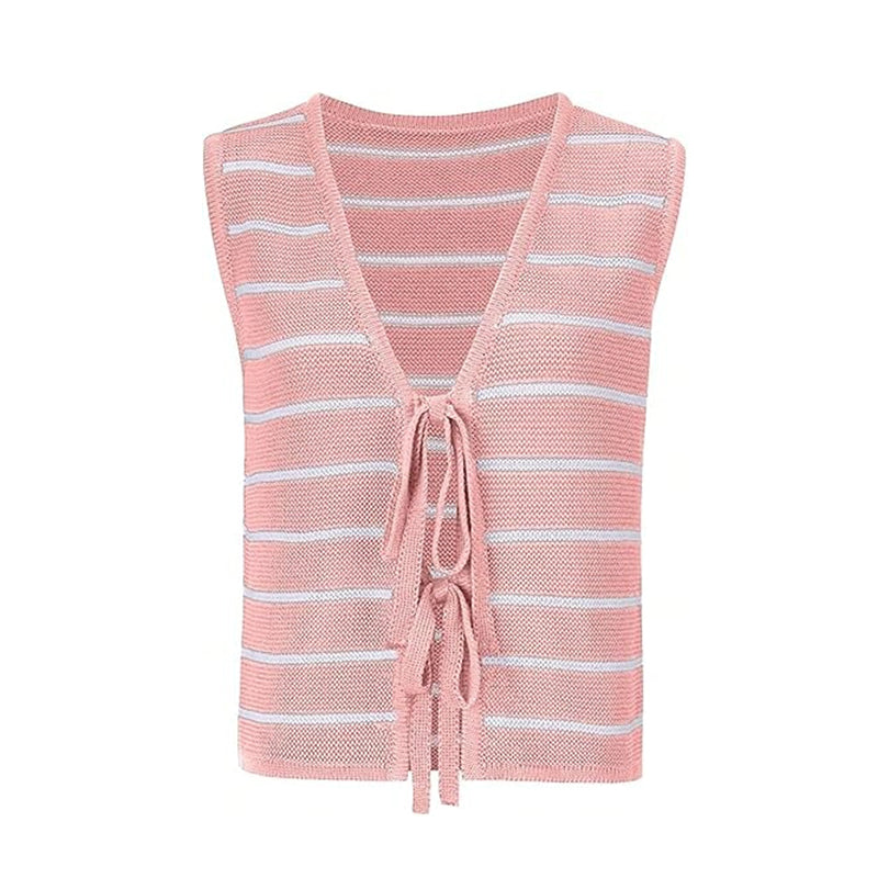 ZhiKnit Women's Sleeveless Striped Sweater Vest V Neck Tie Bow Crochet Knit Tank Tops Casual Loose Cardigan