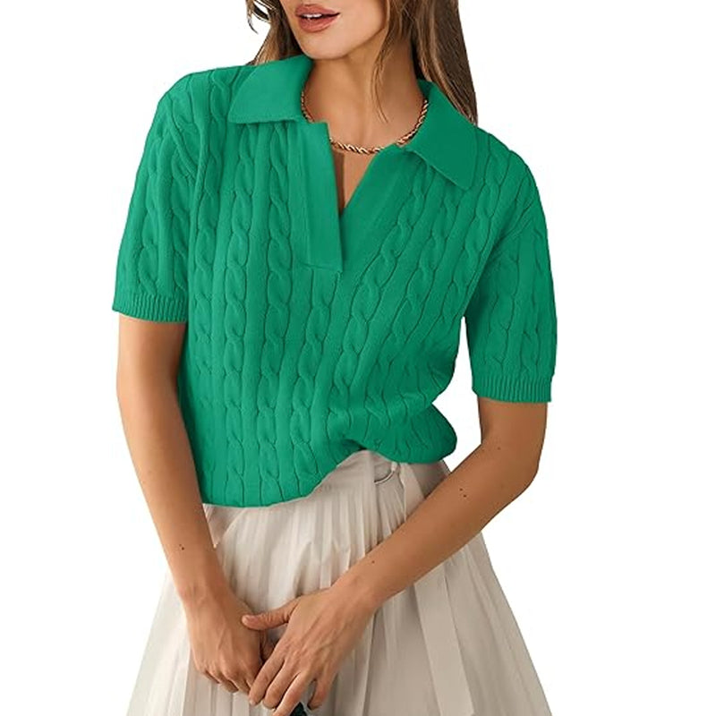 ZhiKnit Women's Short Sleeve Sweaters Tops Polo V Neck Cable Knit Casual Soft Pullover Shirts 2025 Summer Outfits