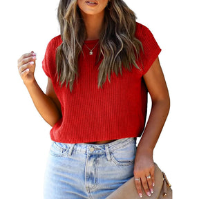ZhiKnit Womens Summer Cropped Sweater Vest Trendy Cap Sleeve Crop Tops Crew Neck Loose Knit Tank Top
