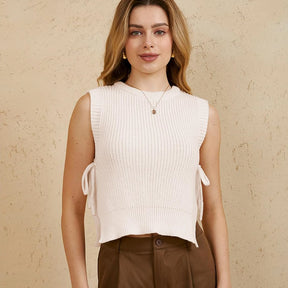 ZhiKnit Women's Tie Side Sweater Vest Tops Split Hem Knitted Sleeveless Crew Neck Tank Fall Top