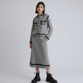 ZhiKnit 2-piece Women's Fashion Sweater Set Skirt Fashion Casual Knitted Long Sleeve Button Round Neck Top, Half Body A-line Skirt Knitted Casual Travel Clothing Wi