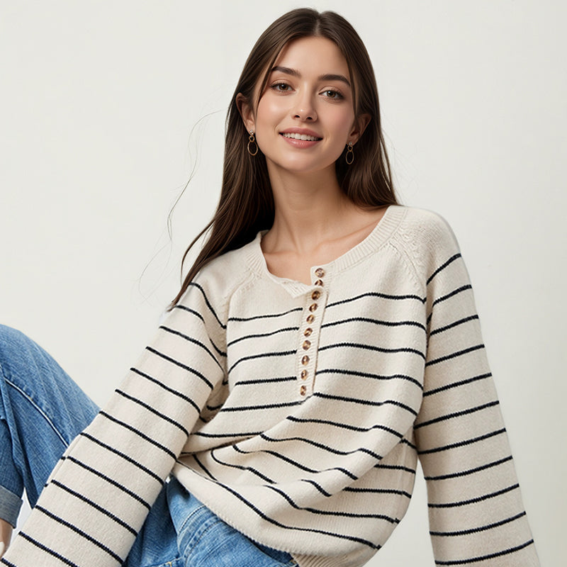 ZhiKnit Women's Color Block Striped Sweaters Button Up Crewneck Pullover Ribbed Knit Sweater Tops