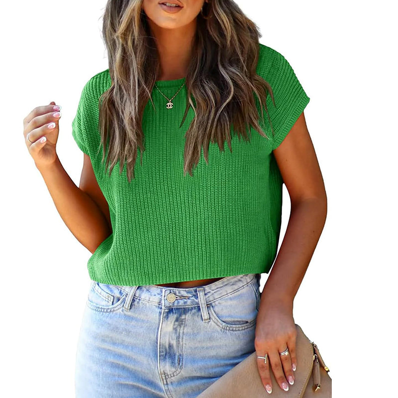 ZhiKnit Womens Summer Cropped Sweater Vest Trendy Cap Sleeve Crop Tops Crew Neck Loose Knit Tank Top
