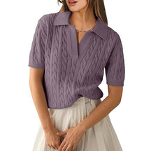 ZhiKnit Women's Short Sleeve Sweaters Tops Polo V Neck Cable Knit Casual Soft Pullover Shirts 2025 Summer Outfits