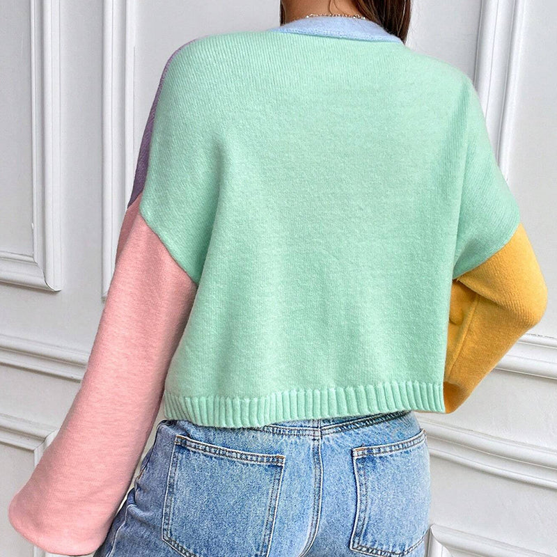 ZhiKnit  Women's Colorful V Neck Open Front Puff Sleeve Sweater Coat 70s Cropped Cardigan Sweaters