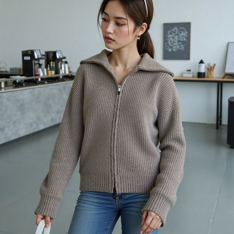ZhiKnit  Women's zipper lapel cardigan sweater knitted off shoulder autumn hoodie jacket loose fit collar sweater