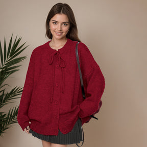 ZhiKnit  Women's Front Strap Bow Cardigan Sweater Thick Loose Coarse Knitted Long Sleeve Fashion Autumn/Winter Jacket Coat