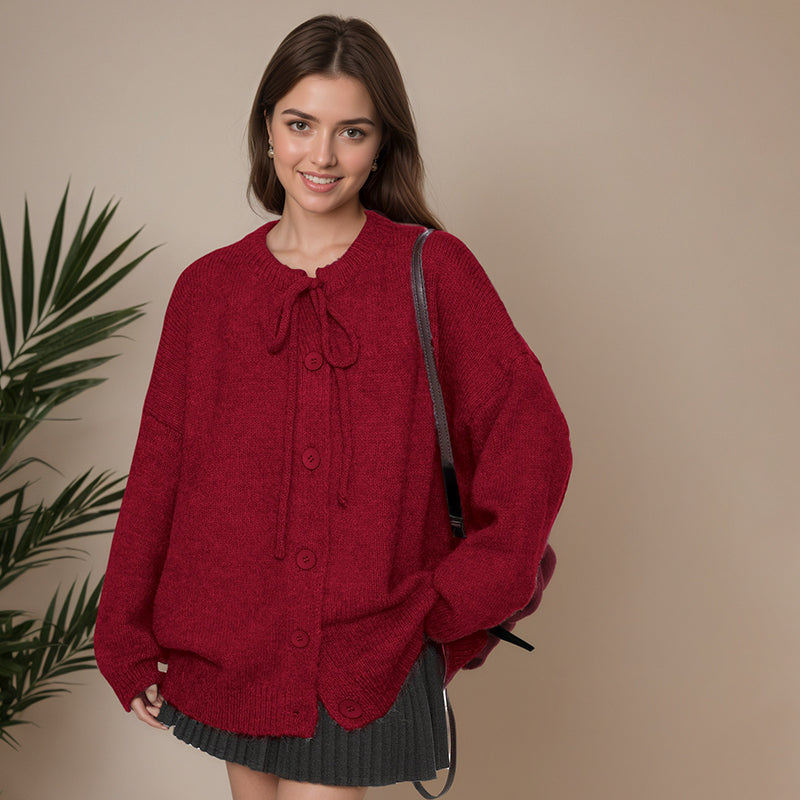 ZhiKnit  Women's Front Strap Bow Cardigan Sweater Thick Loose Coarse Knitted Long Sleeve Fashion Autumn/Winter Jacket Coat