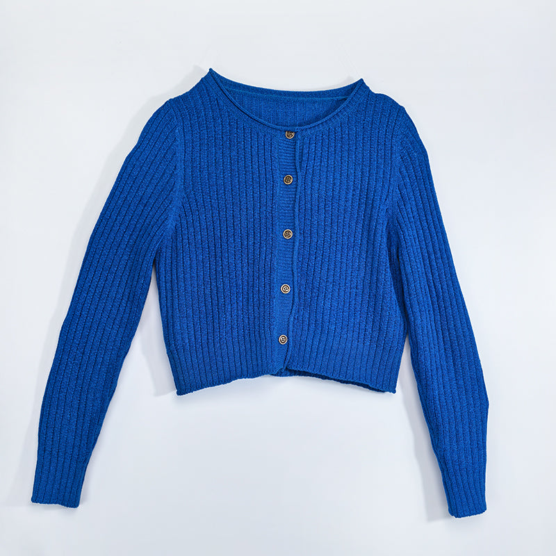 ZhiKnit Women's round neck buckle long sleeved solid color knitted classic cardigan vest+jacket sweater two-piece set
