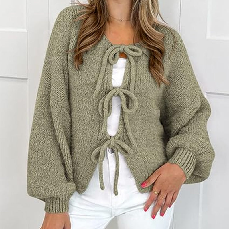 ZhiKnit Women's Tie Front Bow Cardigan Sweaters Chunky Knit Long Puff Sleeve Trendy Fall Winter Jacket Coats