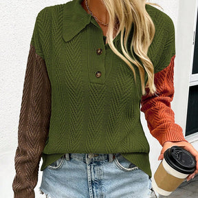 ZhiKnit Womens Patchwork Sweater Half Button Collar Textured Knit Long Sleeve Pullover Loose Fit Tops