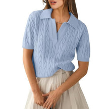 ZhiKnit Women's Short Sleeve Sweaters Tops Polo V Neck Cable Knit Casual Soft Pullover Shirts 2025 Summer Outfits