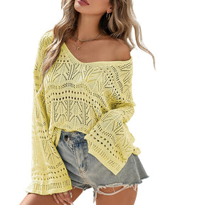 ZhiKnit Womens Spring Summer Crochet Bell Sleeve Tops Off The Shoulder Knit Sweater Top Beach Cover Up