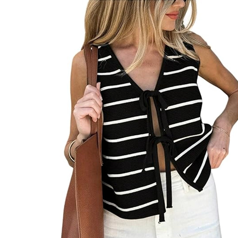 ZhiKnit Women's Sleeveless Striped Sweater Vest V Neck Tie Bow Crochet Knit Tank Tops Casual Loose Cardigan