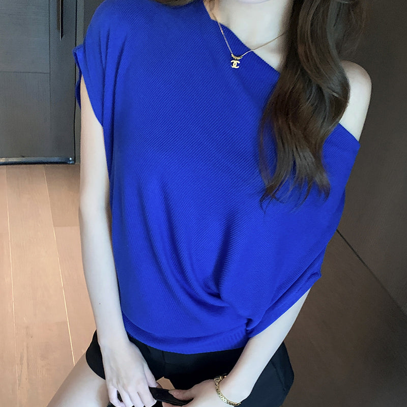 ZhiKnit Off The Shoulder Tops for Women 2025 Summer Short Sleeve Knit Loose Fit Tunic Shirts Casual Lightweight Sweaters