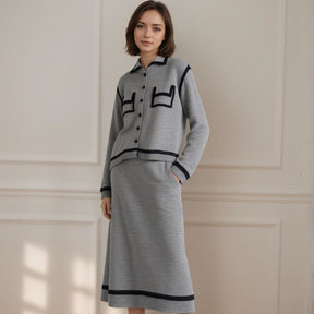 ZhiKnit 2-piece Women's Fashion Sweater Set Skirt Fashion Casual Knitted Long Sleeve Button Round Neck Top, Half Body A-line Skirt Knitted Casual Travel Clothing Wi