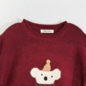 ZhiKnit Women's cartoon teddy bear Christmas sweater paired with innovative printed round neck sweater pullover