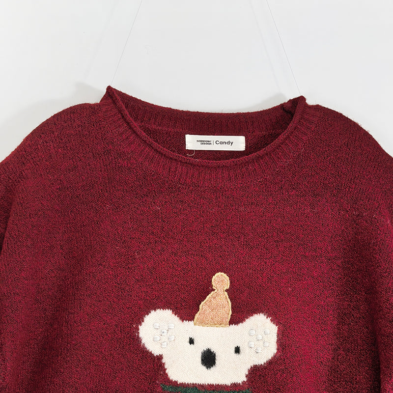 ZhiKnit Women's cartoon teddy bear Christmas sweater paired with innovative printed round neck sweater pullover