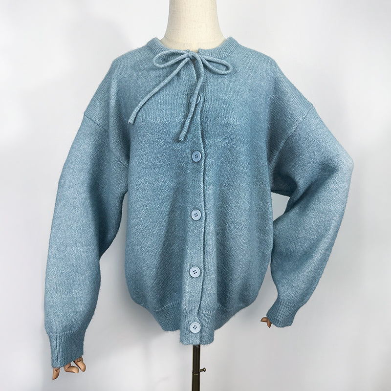 ZhiKnit  Women's Front Strap Bow Cardigan Sweater Thick Loose Coarse Knitted Long Sleeve Fashion Autumn/Winter Jacket Coat