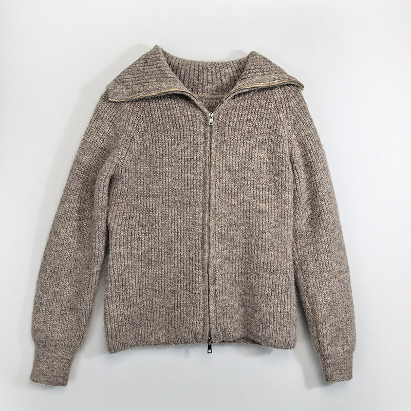 ZhiKnit  Women's zipper lapel cardigan sweater knitted off shoulder autumn hoodie jacket loose fit collar sweater