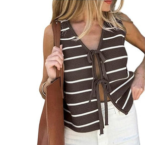 ZhiKnit Women's Sleeveless Striped Sweater Vest V Neck Tie Bow Crochet Knit Tank Tops Casual Loose Cardigan
