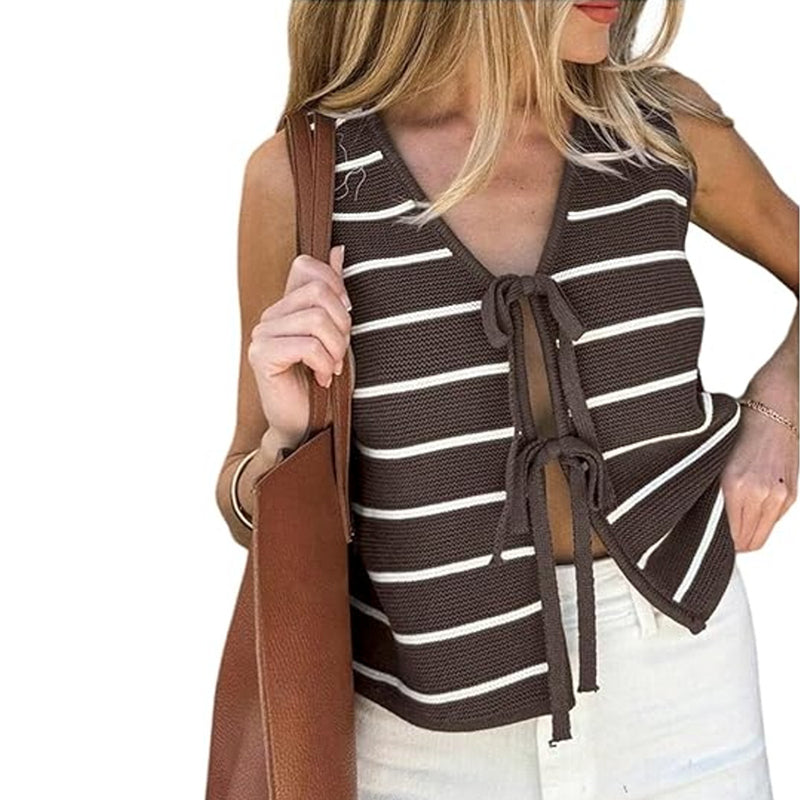 ZhiKnit Women's Sleeveless Striped Sweater Vest V Neck Tie Bow Crochet Knit Tank Tops Casual Loose Cardigan