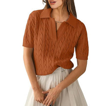 ZhiKnit Women's Short Sleeve Sweaters Tops Polo V Neck Cable Knit Casual Soft Pullover Shirts 2025 Summer Outfits