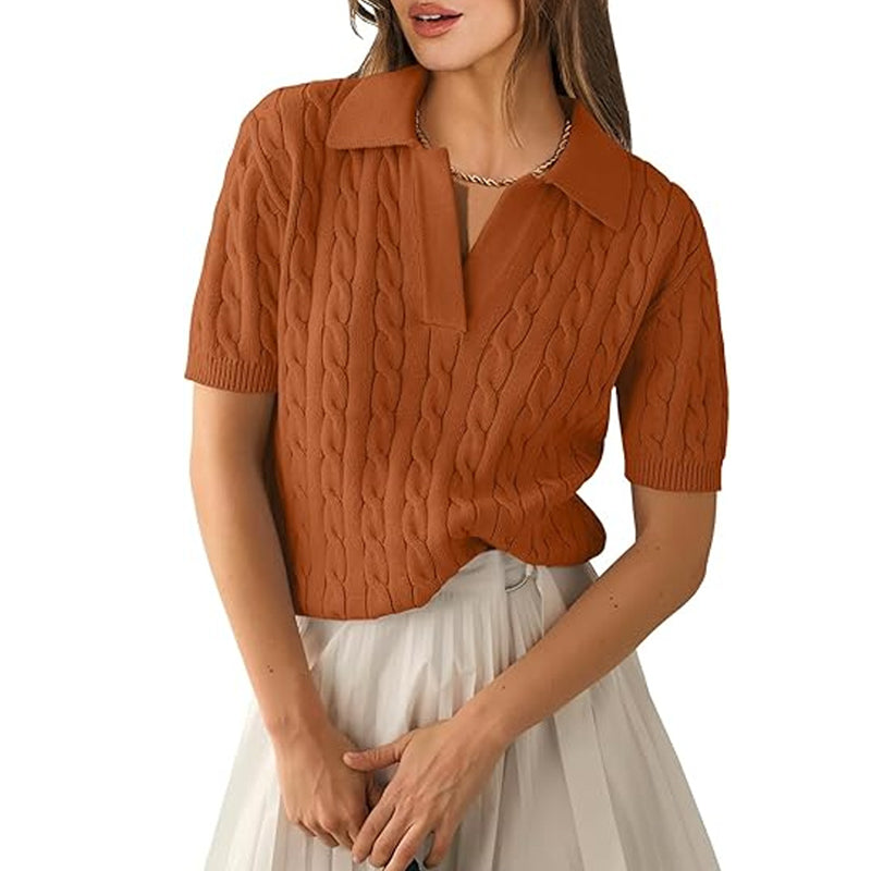 ZhiKnit Women's Short Sleeve Sweaters Tops Polo V Neck Cable Knit Casual Soft Pullover Shirts 2025 Summer Outfits