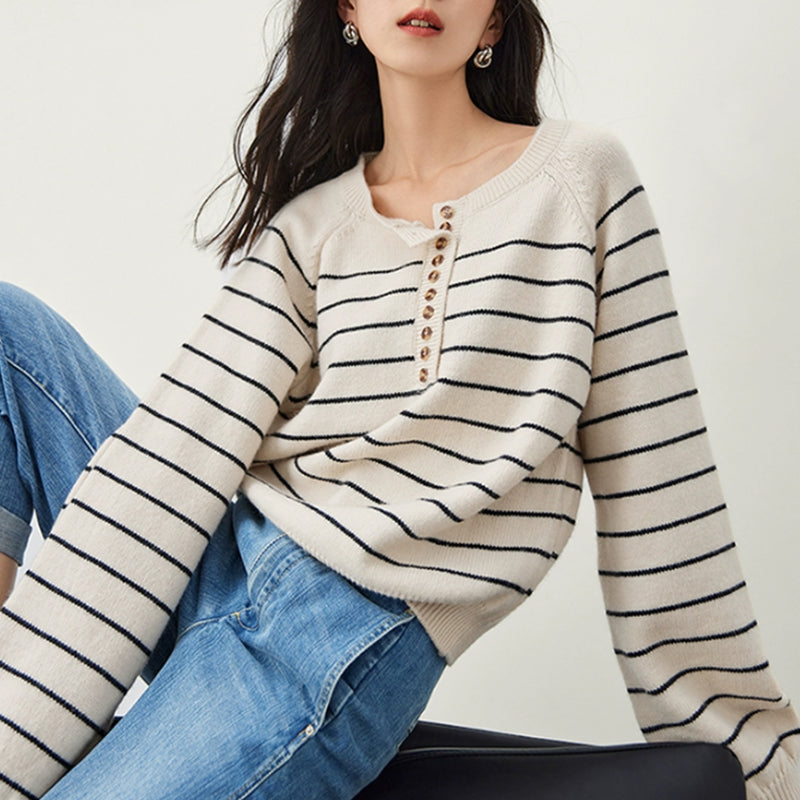 ZhiKnit Women's Color Block Striped Sweaters Button Up Crewneck Pullover Ribbed Knit Sweater Tops