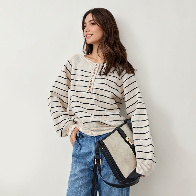 ZhiKnit Women's Color Block Striped Sweaters Button Up Crewneck Pullover Ribbed Knit Sweater Tops