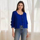 ZhiKnit Women's round neck buckle long sleeved solid color knitted classic cardigan vest+jacket sweater two-piece set