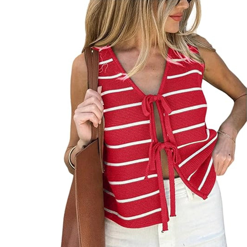 ZhiKnit Women's Sleeveless Striped Sweater Vest V Neck Tie Bow Crochet Knit Tank Tops Casual Loose Cardigan