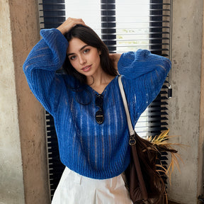 ZhiKnit Women See Through Crew Neck Sheer Mesh Knitted Sweater Solid Basic Long Sleeve Loose Fit Knit Pullover Jumper Top