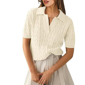 ZhiKnit Women's Short Sleeve Sweaters Tops Polo V Neck Cable Knit Casual Soft Pullover Shirts 2025 Summer Outfits