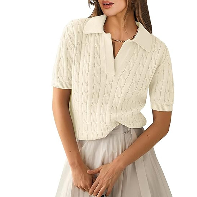 ZhiKnit Women's Short Sleeve Sweaters Tops Polo V Neck Cable Knit Casual Soft Pullover Shirts 2025 Summer Outfits