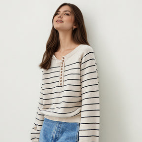 ZhiKnit Women's Color Block Striped Sweaters Button Up Crewneck Pullover Ribbed Knit Sweater Tops