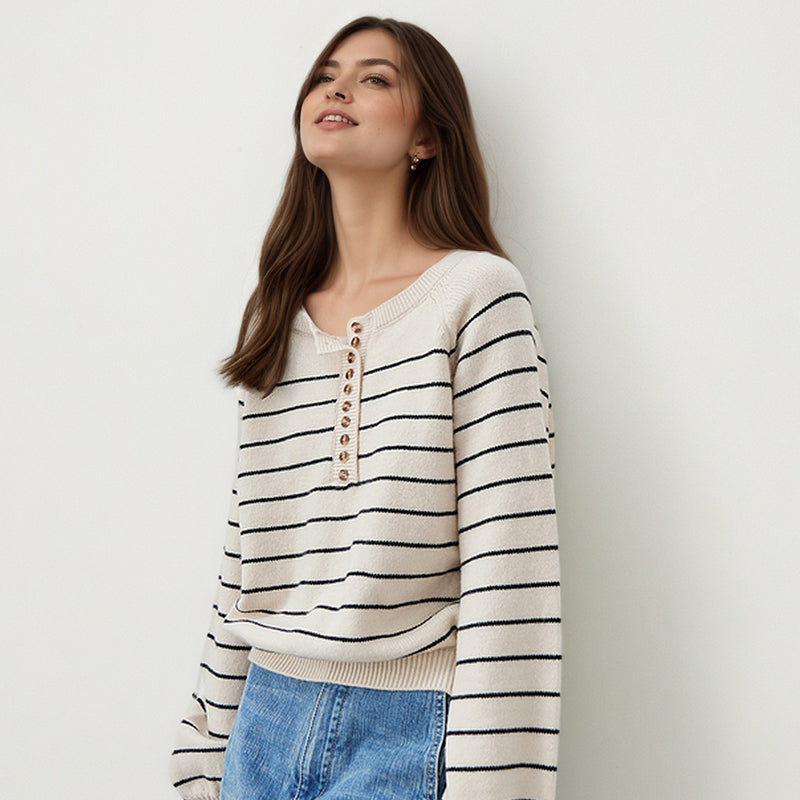 ZhiKnit Women's Color Block Striped Sweaters Button Up Crewneck Pullover Ribbed Knit Sweater Tops