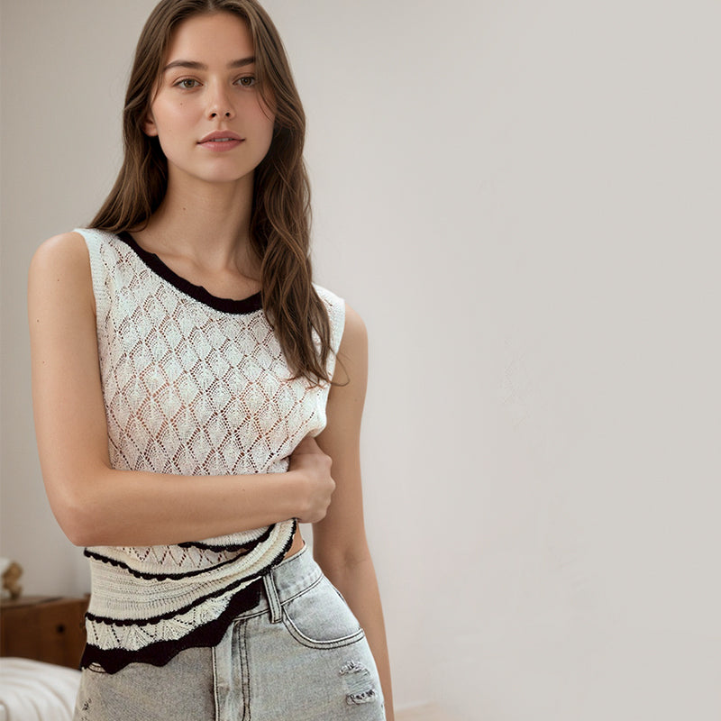 ZhiKnit  Women's Crochet Crew Neck Tops Ruffle Scallop Sleeveless Sweater Vest