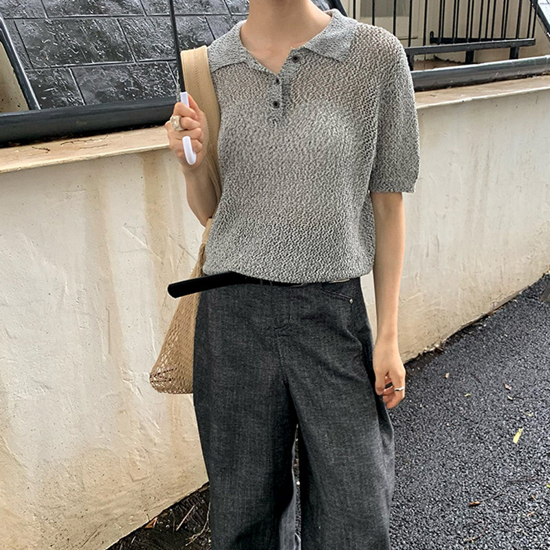 ZhiKnit  Women's Solid Casual Loose Simple Office Pullover Short Sleeve Knit Lapel Tops