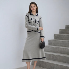 ZhiKnit 2-piece Women's Fashion Sweater Set Skirt Fashion Casual Knitted Long Sleeve Button Round Neck Top, Half Body A-line Skirt Knitted Casual Travel Clothing Wi