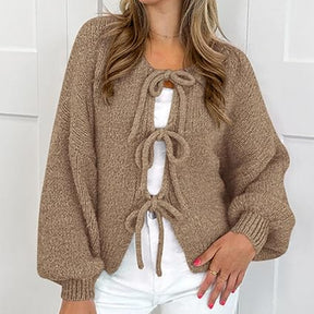 ZhiKnit Women's Tie Front Bow Cardigan Sweaters Chunky Knit Long Puff Sleeve Trendy Fall Winter Jacket Coats