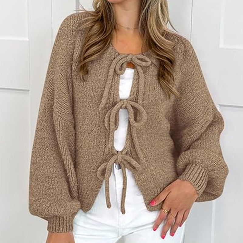ZhiKnit Women's Tie Front Bow Cardigan Sweaters Chunky Knit Long Puff Sleeve Trendy Fall Winter Jacket Coats