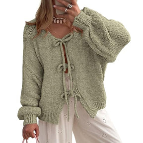ZhiKnit Women's Tie Front Bow Cardigan Sweaters Chunky Knit Long Puff Sleeve Trendy Fall Winter Jacket Coats