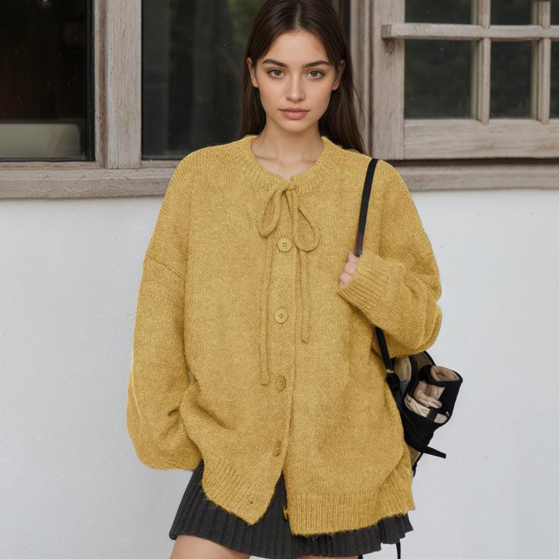 ZhiKnit  Women's Front Strap Bow Cardigan Sweater Thick Loose Coarse Knitted Long Sleeve Fashion Autumn/Winter Jacket Coat