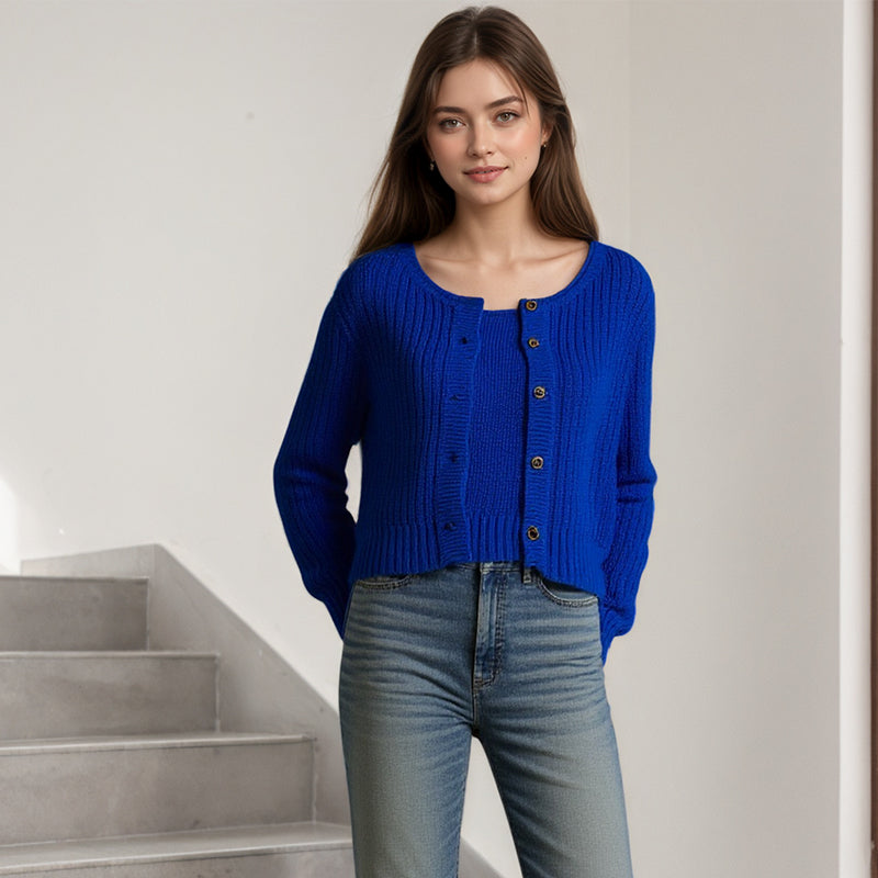 ZhiKnit Women's round neck buckle long sleeved solid color knitted classic cardigan vest+jacket sweater two-piece set