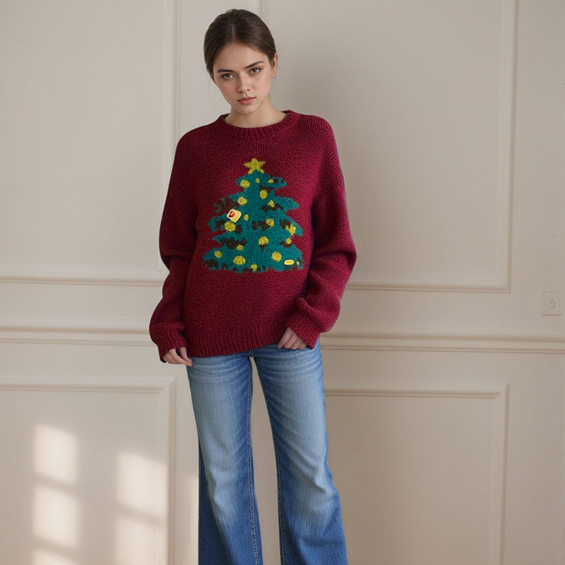 ZhiKnit Women's Christmas sweater paired with innovative printed round neck sweater pullover neck sweater