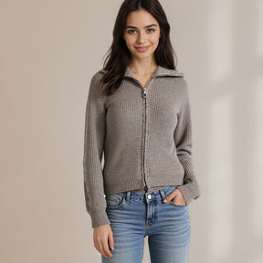 ZhiKnit  Women's zipper lapel cardigan sweater knitted off shoulder autumn hoodie jacket loose fit collar sweater