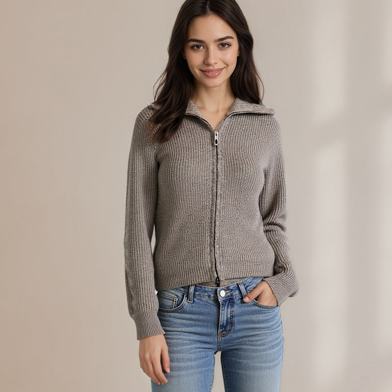 ZhiKnit  Women's zipper lapel cardigan sweater knitted off shoulder autumn hoodie jacket loose fit collar sweater