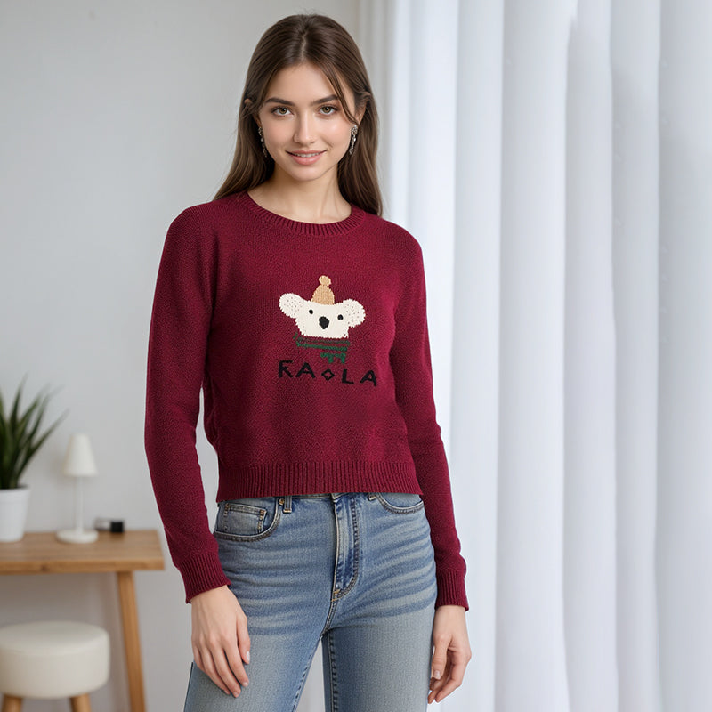 ZhiKnit Women's cartoon teddy bear Christmas sweater paired with innovative printed round neck sweater pullover