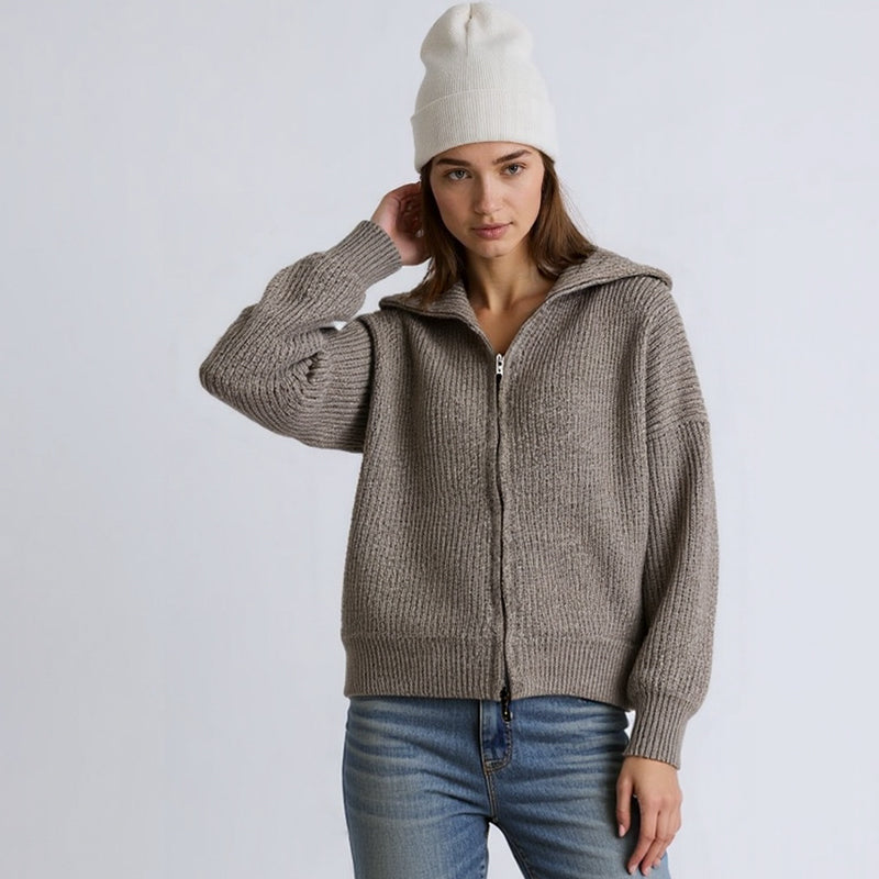 ZhiKnit  Women's zipper lapel cardigan sweater knitted off shoulder autumn hoodie jacket loose fit collar sweater